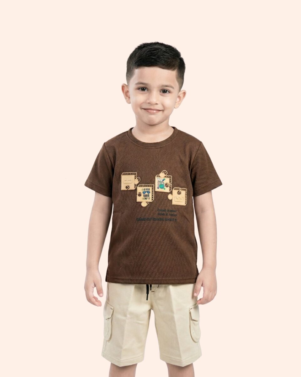 Kids brown colour cotton t-shirt with graphic print and matching shorts.