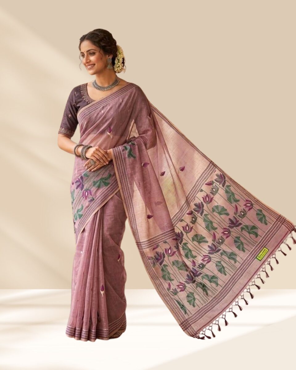 Women's pink floral printed cotton saree with floral border